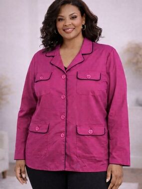 Terry Lewis Fuchsia Jacket 3X Plus Size Black Trim Button Front Vintage Chic